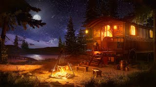 Rustic Caravan Ambience Part II  Campfire by the Lake with Nature Sounds at Night for Relaxation [upl. by Casady]