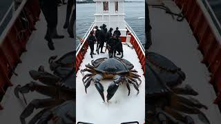 A gigantic crab with a shell and huge claws is on the wet deck of a ship fishing fish animals [upl. by Evangelin]