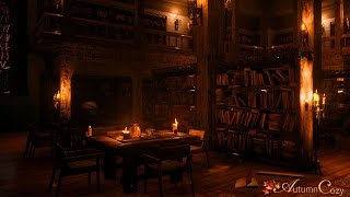 OLD LIBRARY AMBIENCE Rain Sounds Book Sounds Writing Sounds Candle Flame Crackle [upl. by Enimajneb]