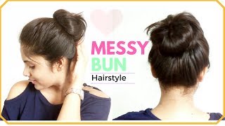 1 Minute EASY Everyday Messy Bun Hairstyle  Simple Bun Hair Tutorial for Medium hair [upl. by Sloane226]