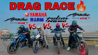 2024 PULSAR NS160 VS APACHE RTR 160 4V VS R15M 🔥DRAG RACE 💥RACE TILL THEIR POTENTIAL 🥵 [upl. by Tnomyar]