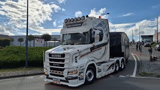 Truckshow Ciney 2024 Departure beautiful showtrucks V8 open pipes sounds [upl. by Lleruj497]