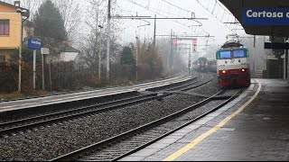 FS E402 quotThelloquot E444 058 and Ale 582 Transit trains at Certosa di Pavia station [upl. by Ahtamas]