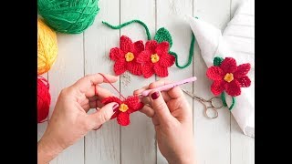 Flor de Navidad Nochebuena o Poinsettia tejida a crochet y tunecino 🎄  Tejiendo Perú [upl. by Hannan429]