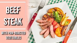 Beef steak in the pan with butter and cognac with pan roasted vegetables Beef tenderloin recipe [upl. by Emelda]