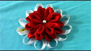 Flores Kanzashi hermosas rojas y blancas en tres capas [upl. by Anialed]