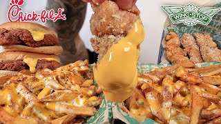 MUKBANG EATING WINGSTOP VOODOO CHEESE FRIES CHICKEN TENDERS CHICK FIL A SPICY CHICKEN SANDWICH ASMR [upl. by Airtemed]