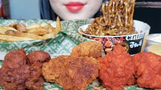 ASMR WINGSTOP VS BDUBS ORIGINAL HOT  HOT HONEY SEASONED FRIES BLACK BEAN RAMEN NOODLES 😋 [upl. by Atteuqal]