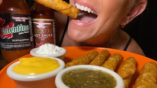 ASMR eating crunchy Taquitos with dips amp hot sauces [upl. by Langelo]