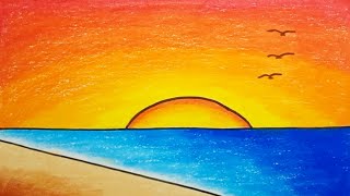 How To Draw Sunset Scenery Easy Step By Step Drawing Sunset Scenery For Beginners [upl. by Uyekawa]