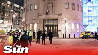 Man climbs BBC building amp smashes statue by paedophile sculptor [upl. by Prendergast]