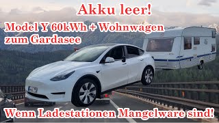 Akku leer Mit Tesla 60kWh und Wohnwagen zum Gardasee  Wenn die Ladestationen Mangelware sind [upl. by Ivens]