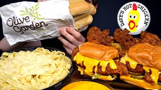 ASMR MUKBANG DAVES HOT CHICKEN BURGERS amp FRIES amp CREAMY ALFREDO PASTA  BREADSTICKS  WITH CHEESE [upl. by Monti]