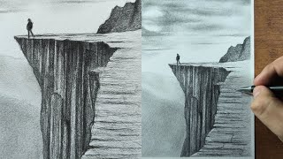 How to Draw CLIFFS with Pencil Step by Step Landscape Drawing [upl. by Mighell]