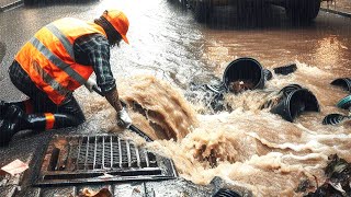 Unclogging Drains to Clear Roads Drainage During Heavy Rainfall [upl. by Atem]