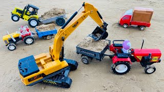 Toy JCB 5cx Backhoe fully loading sand in HMT tractor trolley Video  Sonalika Rx60 tractor Cartoon [upl. by Anibor]