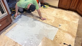 Travertine Stone Floor Restoration Tile replacement Honing and Polsihing [upl. by Anaid196]