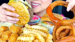 EATING DOUBLE CHEESEBURGER ONION RINGS CRINKLE FRIES amp TATER TOTS  MUKBANG [upl. by Mikel]