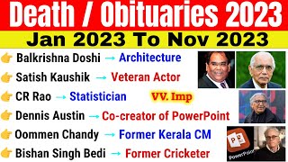 Obituaries 2023 Current Affairs  Jan To Nov 2023 Famous Person Death  चर्चित निधन 2023 [upl. by Neehsar]