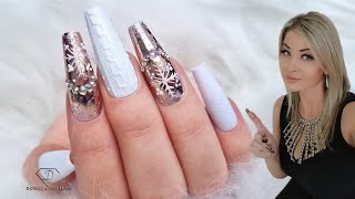 White and rose gold winter nails Snowflake nail art sweater nails [upl. by Ahswat]