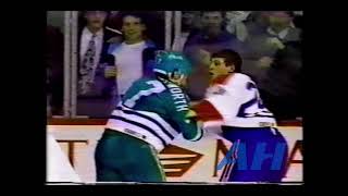 NHL Apr 27 1992 Montreal Canadiens v Hartford Whalers melee x2 Clips Lyle Odelein v Randy Cunney [upl. by Relyhcs]