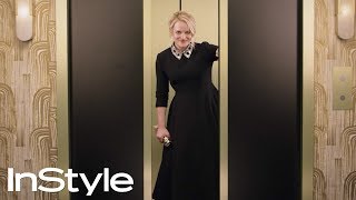 Elisabeth Moss  2018 Golden Globes Elevator  InStyle  shorts [upl. by Eveineg]