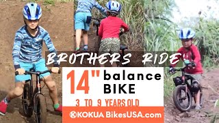 Brothers ride balance bikes  5 and 8 year old  LIKEaBIKE jumper 14quot balance bike [upl. by Binah]