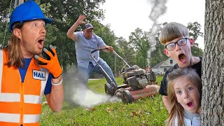 Handyman Hal helps friend with Lawn Care  Mowers and leaf blowers for kids [upl. by Ramraj]