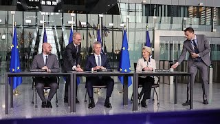 EU leaders and NATO sign a third Joint Declaration deepening cooperation on security and defence [upl. by Lesli]