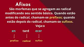 Estruturas das palavras  radical  afixos prefixos e sufixos  desinências nominais e verbias [upl. by Tarrant]