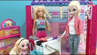 Shopping Elsa and Anna shop at Barbies Mall Dress Up Cinema Candy Toy Hunt [upl. by Parks755]