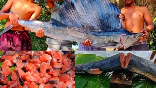 Village Tribal Food  Largest Fish Cutting amp Cooking  70 Kg Big Marlin Fish  Fish Curry Recipe [upl. by Sina57]