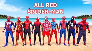 ALL RED SPIDERMAN Party Battle On The Beach  Funny Live Action [upl. by Cristiano]