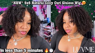 NEW 16 Inch 5x5 HD NATURAL COILY CURLY GLUELESS CLOSURE WIG INSTALL VERY EASY  Ft LUVME HAIR [upl. by Lehcsreh]