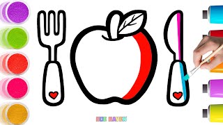 🍴🍎Drawing And Coloring Set Of Cutlery and Apple  Easy Step By Step 21 [upl. by Yelwah]