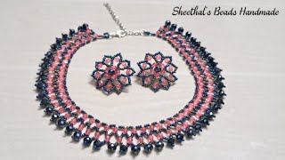 Beaded Bicone Netted Necklace amp Ear Studs  Tutorial  Sheethals Beads Handmade [upl. by Aryt]