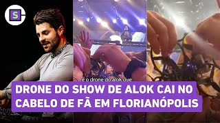 Drone em show de Alok cai na cabeça de mulher e fica preso no cabelo veja vídeo [upl. by Nyladgam]