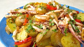 Sauteed Squid with Onions Potatoes and Peppers  PoorMansGourmet [upl. by Ridley]