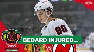 Connor Bedard INJURED in Blackhawks HardFought Loss vs Devils  CHGO Blackhawks Postgame [upl. by Eireva]