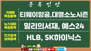 종목진단1 1012 거래량 특징주  티웨이항공 대명소노시즌  뉴스 특징주  밀리의서재 예스24  인기검색종목  HLB SK하이닉스 [upl. by Icyaj661]