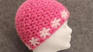 Triangle Star Stitch  Flower Hat Part 2  Beanie  DIY Crochet Tutorial  Puffed Star Stitch [upl. by Butcher]