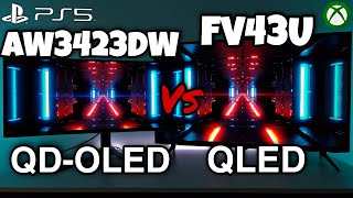 QDOLED AW3423DW Vs Aorus FV43U Monitors QD OLED Vs VA XBOX Series X Playstation 5 120hz [upl. by Llenyt]