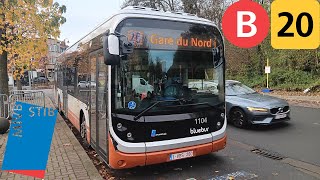 Bus Stib Voyage complet ligne 20 Gare du Nord à Hunderenveld Bolloré Bluebus SE n°1104 [upl. by Hpeseoj]