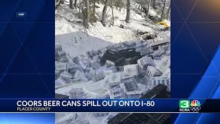 California Beer Truck Spill  Coors beer cans spill out onto I80 in the Sierra [upl. by Aekan]