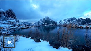 Morning Snowfall Walk in Reine Lofoten Norway 4k [upl. by Ymmit520]