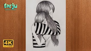 Best friends ❤ pencil Sketch Tutorial  How To Draw Two Friends Hugging Each other [upl. by Ateloiv]