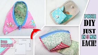 3 DIY SIMPLE POUCH IDEAS JUST FROM SQUARE FABRIC  Sew it Without Skills [upl. by Alset500]