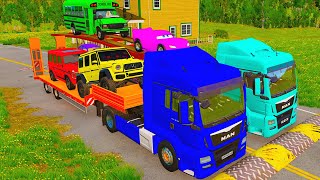 Double Flatbed Trailer Truck vs Speedbumps vs Train vs Cars  Tractor vs Train  BeamngDrive 008 [upl. by Wildon]