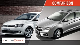 Honda City vs Volkswagen Vento  Video Comparison  CarDekhocom [upl. by Rehpotsirhc]