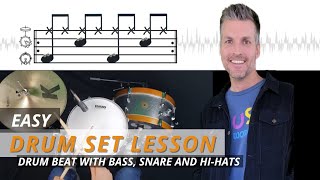 Easy Drum Set Lesson for Kids  Beginner Drum Beat with Bass Snare and HiHats [upl. by Neillij]